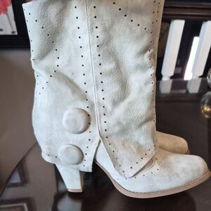 Women’s Cream Mid-Calf Heeled Boots with Button Detail